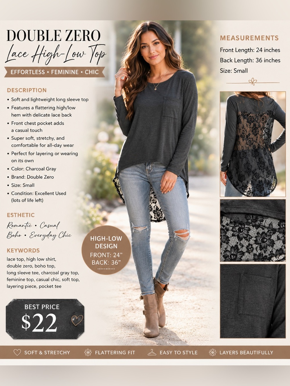 Double Zero Charcoal Gray Lace High-Low Long Sleeve Top